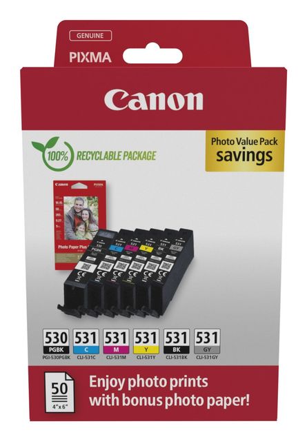 CANON PGI-530/CLI-531 PGBK/C/M/Y/BK/GY PHOTO VALUE PACK INCHIOSTRO + CARTA