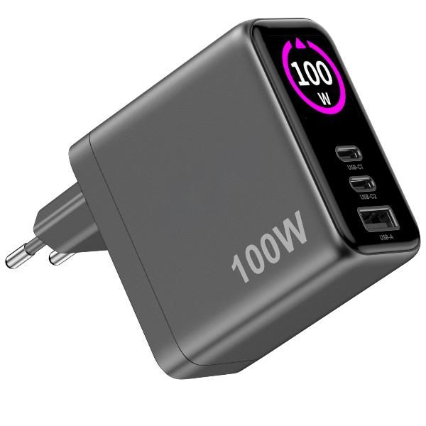 CELLY CARICABATTERIE DA RETE GaN 100W CON DISPLAY 2 x USB-C 1 x USB-A NERO