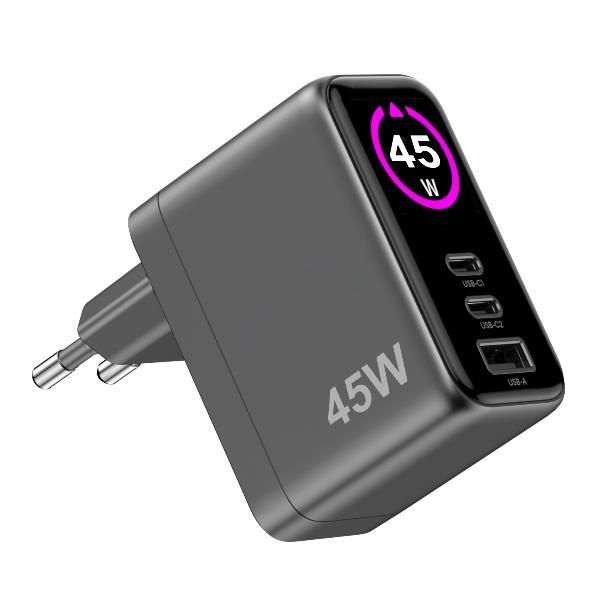 CELLY CARICABATTERIE DA RETE GaN 45W CON DISPLAY 2 x USB-C 1 x USB-A NERO