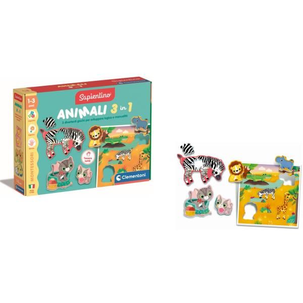 CLEMENTONI MONTESSORI SAPIENTINO ANIMALI 3 IN 1 TESSERE SAGOMATE E SCHEDE ILLUS…