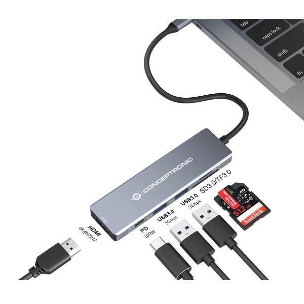 Conceptronic DOCKING STATION 6-IN-1 USB 3.2 Gen 1 - 2x USB 3.0, 100W USB PD, 4K…