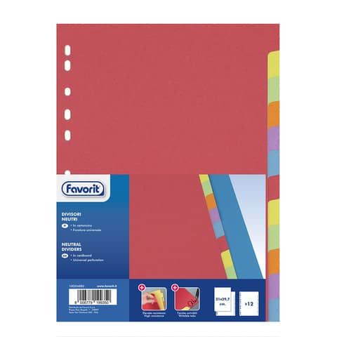 Favorit - Divisorio - 12 parti - per A4 - con schede - colori assortiti