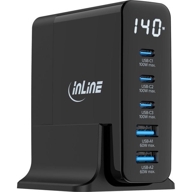 InLine Alimentatore USB PD GaN 140W 5 porte - Caricatore USB-C + USB-A con disp…