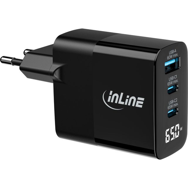 InLine Alimentatore USB PD GaN 65W - Caricatore 3 porte USB-C + USB-A con displ…