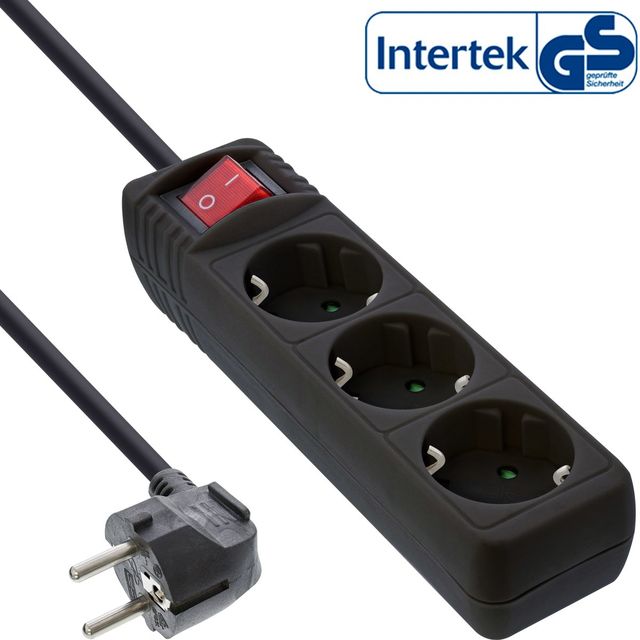InLine Multipresa 3 prese Shucko, Interruttore, cavo 5m - Nero