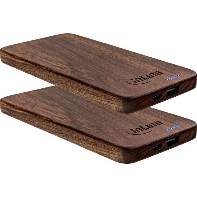 InLine PowerBank Woodplate USB, 5000mAh, Puro Legno di Noce, Kit 2 pezzi
