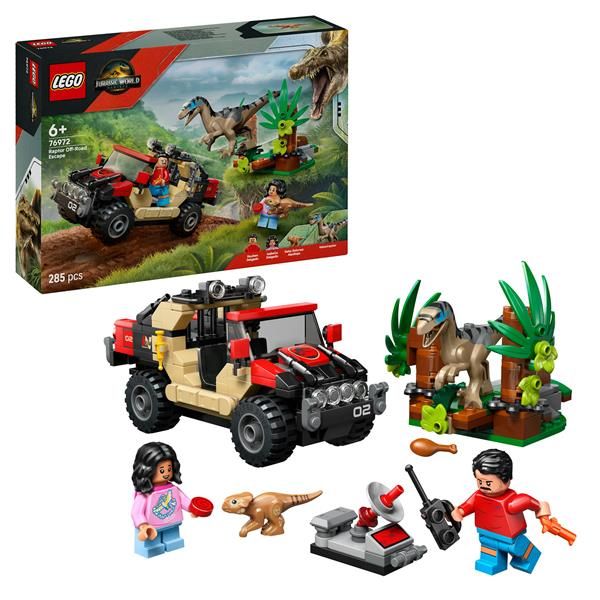LEGO JURASSIC WORLD FUGA DAL RAPTOR SUL FUORISTRADA CON 2 FIGURE DI DINOSAURO U…