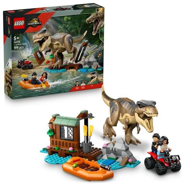 LEGO JURASSIC WORLD FUGA SUL FIUME DAL T REX CON DINOSAURO BARCA VEICOLO ATV E …