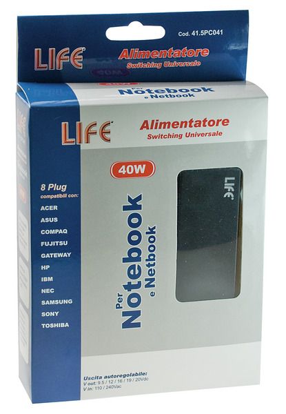 LIFE ALIMENTATORE UNIVERSALE NOTEBOOK 9.5-20V AUTO 8 PLUGS 40W