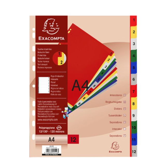 Divisori Numerici - 1-12 - PP opaco - A4 - colori assortiti - Exacompta