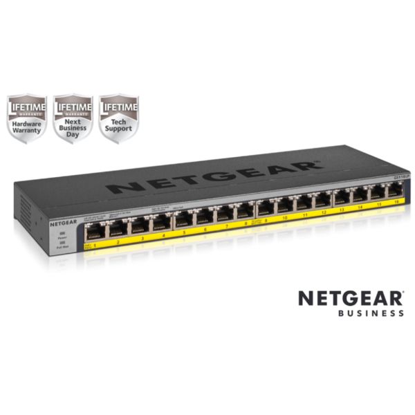 NETGEAR GS116LP - Switch - 16 x 10/100/1000 (PoE+) - desktop, montabile su rack…