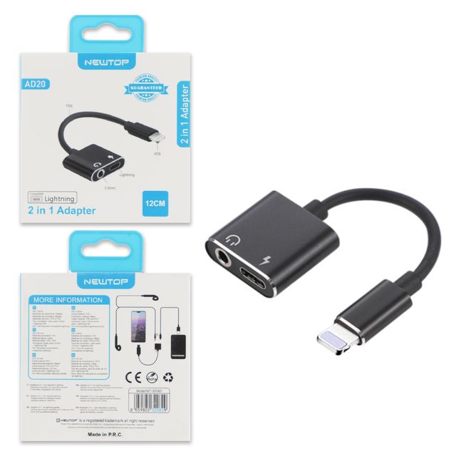 NEWTOP AD20 ADATTATORE SDOPPIATORE LIGHTNING/LIGHTNING + AUX 3.5F SOLO AUDIO