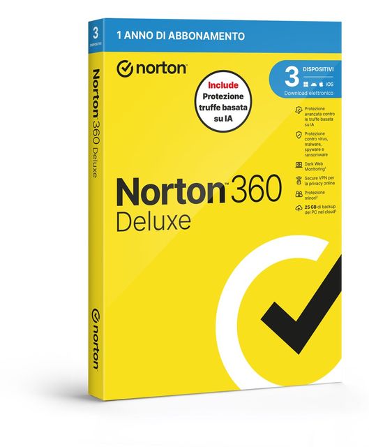 NORTON 360 DELUXE 2026 ANTITRUFFA 3 DISPOSITIVI 25GB BACKUP 12 MESI BOX