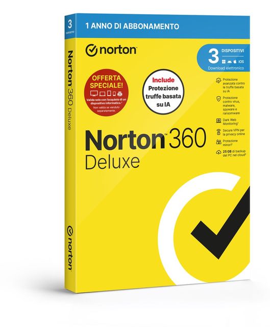 NORTON 360 DELUXE 2026 ATTACH ANTITRUFFA 3 DISPOSITIVI 25GB BACKUP 12 MESI BOX