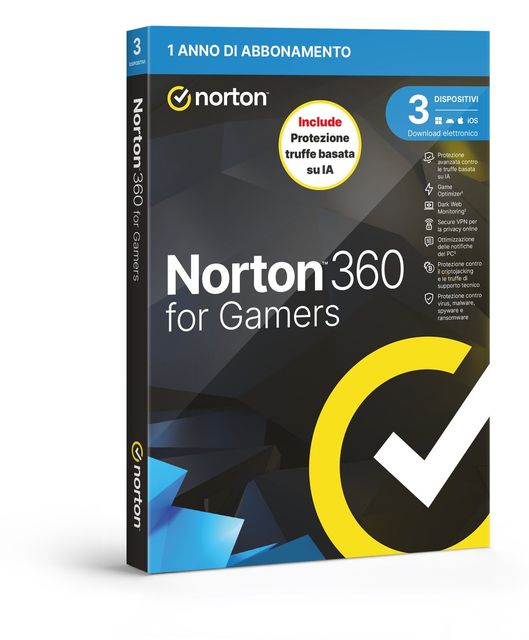 NORTON 360 FOR GAMERS 2026 ANTITRUFFA 3 DISPOSITIVI 50GB BACKUP 12 MESI BOX