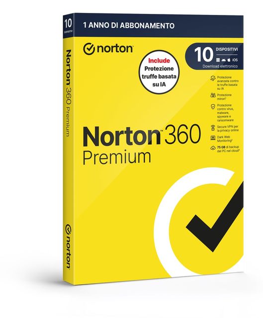NORTON 360 PREMIUM 2026 ANTITRUFFA 10 DISPOSITIVI 75GB BACKUP 12 MESI BOX