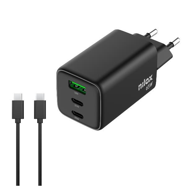 Nilox Caricabatterie UNIVERSALE GAN 65W a 3 porte e cavo USB-C a USB-C da 2 met…