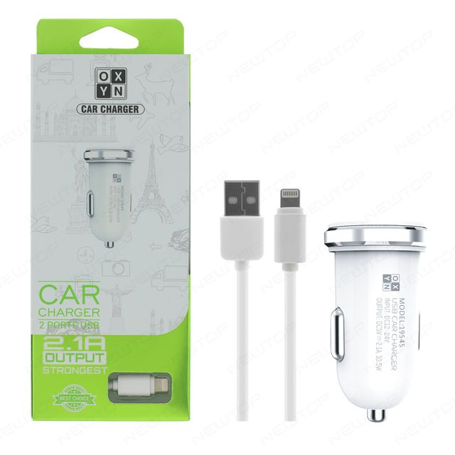 OXYN CARICATORE AUTO 2.1A 2USB CON CAVO LIGHTNING
