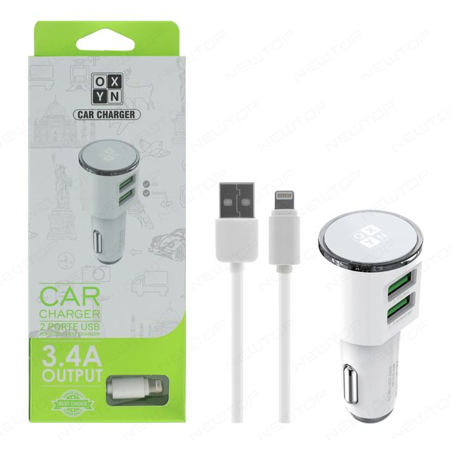 OXYN CARICATORE AUTO 3.4A 2USB CON CAVO LIGHTNING