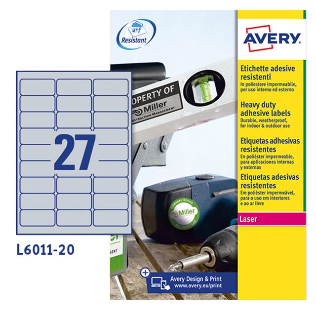 Poliestere adesivo L6011 argento 8fg A4 63,5x29,6mm (27et/fg laser Avery