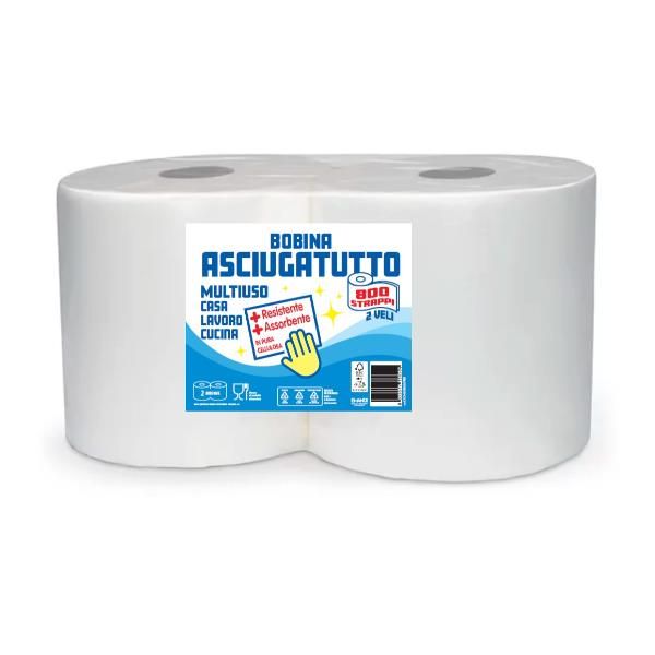 SCATOLIFICIO BOBINA ASCIUGATUTTO IN CELLULOSA 2 VELI ROTOLO A 800 STRAPPI BIANC…