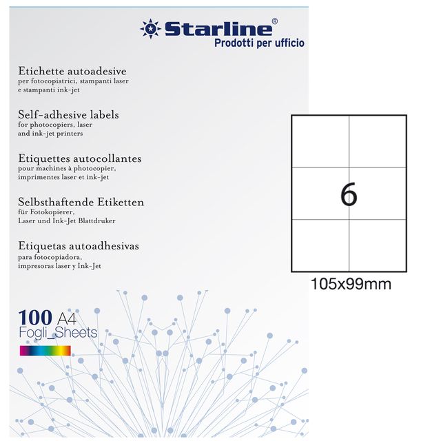 Etichette adesive - in carta - permanenti - 105 x 99 mm - 6 et/fg - 100 fogli -…