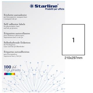 Etichette adesive - in carta - permanenti - 210 x 297 mm - 1 et/fg - 100 fogli …