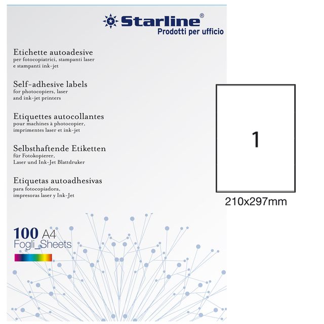 Etichette adesive - in carta - permanenti - 210 x 297 mm - 1 et/fg - 100 fogli …