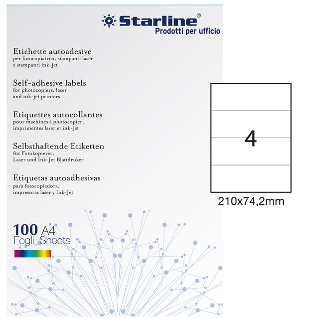 Etichette adesive - in carta - permanenti - 210 x 74,2 mm - 4 et/fg - 100 fogli…