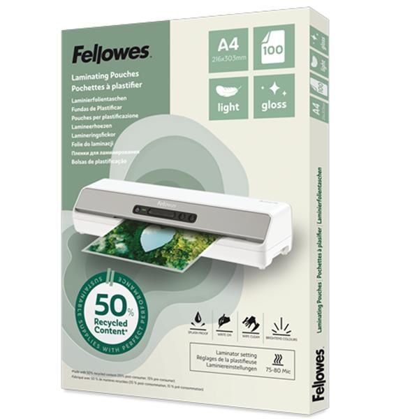 Scatola 100 pouches riciclate 80mic A4 Fellowes
