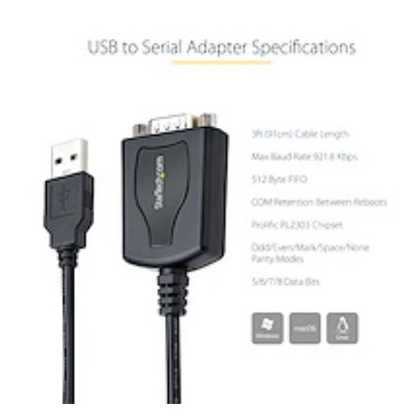 StarTech.com 3ft (1m) USB to Serial Cable with COM Port Retention, DB9 Male RS2…