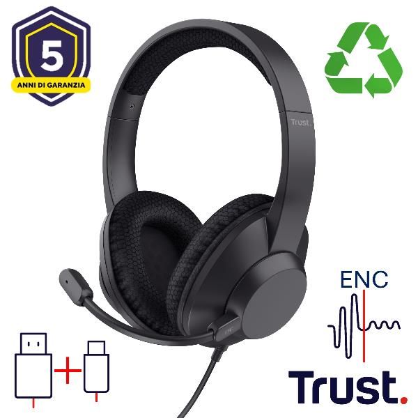 TRUST AYDA MAX CUFFIA CON MICROFONO A FILO USB RIDUZIONE DEL RUMORE ENC