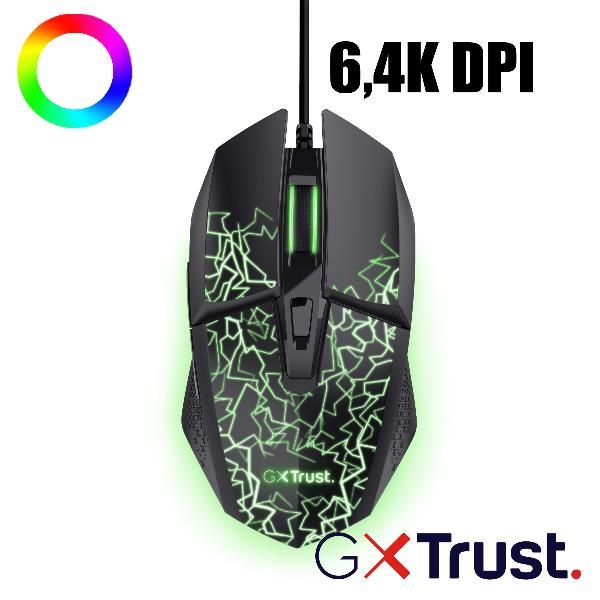 Trust GXT 113 Felox, Mano destra, Ottico, USB tipo A, 6400 DPI, Nero
