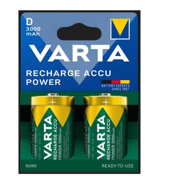 VARTA RECHARGE ACCU POWER BATTERIE RICARICABILI TORCIA D 3.000mAh BLISTER 2 Pz.