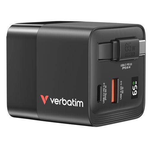 Verbatim Caricatore GAN 65W 2 porte con cavo usb C incorporato