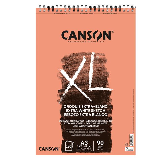 Album spiralato lato corto XL - A3 - 90 gr - 120 fogli - extra white - Canson