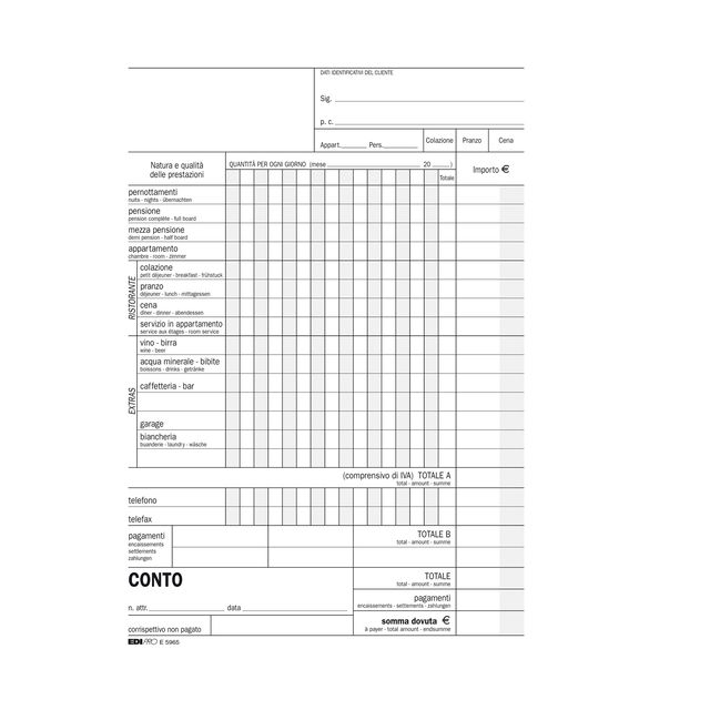 Blocco conto albergo/pensione - 15 giorni - uso mano - 23 x 15cm - 100 fogli - …
