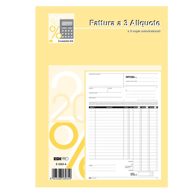 Blocco fatture 3 aliquota Iva - 50 fogli 2 copie autoricalcanti - 29,7 x 21cm -…