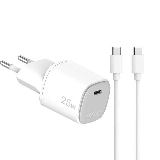 Celly UPTC1USBC25WCTC - 25W GaN Wall Charger + USB-C to USB-C cable UPTC COLLEC…
