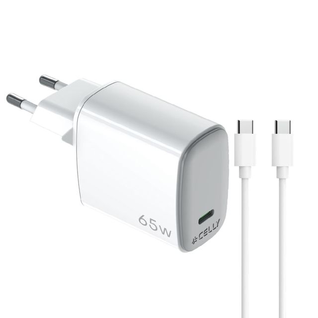 Celly UPTC1USBC65WCTC - 65W GaN Wall Charger + USB-C to USB-C cable UPTC COLLEC…