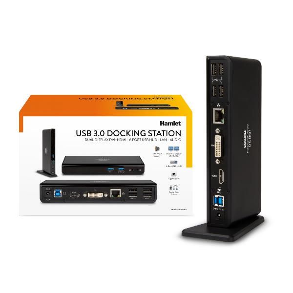Hamlet HDOCKS300 Dual Display DVI+HDMI - 6 Port USB Hub - LAN - AUDIO - Docking…