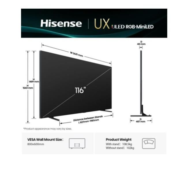 Hisense 116UXQ, 2,95 m (116ʺ), 3840 x 2160 Pixel, LED, Smart TV, Wi-Fi, Grigio