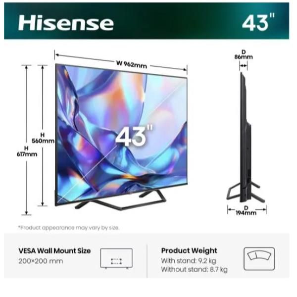 Hisense 43A79S, 109,2 cm (43ʺ), 3840 x 2160 Pixel, QLED, Smart TV, Wi-Fi, Nero