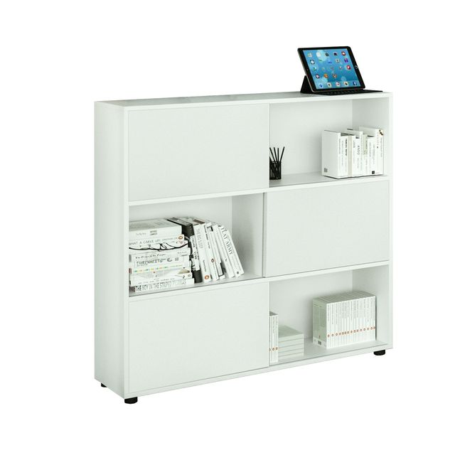 Libreria bassa Tetris a 3 ripiani ante scorrevoli - 120x35x116 cm - Bianco/bian…