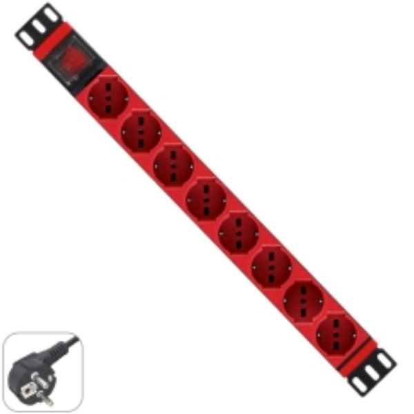 MULTIPRESA 19 POLLICI 1U CON 8 PRESE UNIVERSALI CON SPINE ROSSE