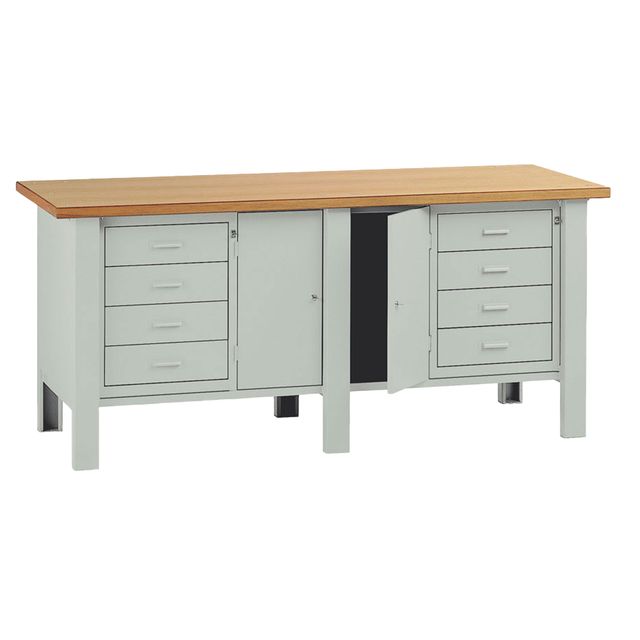 Banco da lavoro - con 2 cassettiere e 2 ante - 200 x 75 x 90 cm - grigio/legno …
