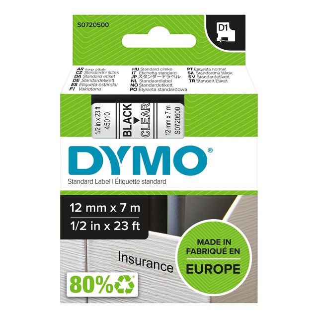 Nastro D1 standard 450100 - 12 mm x 7 mt - PL - nero/trasparente - Dymo