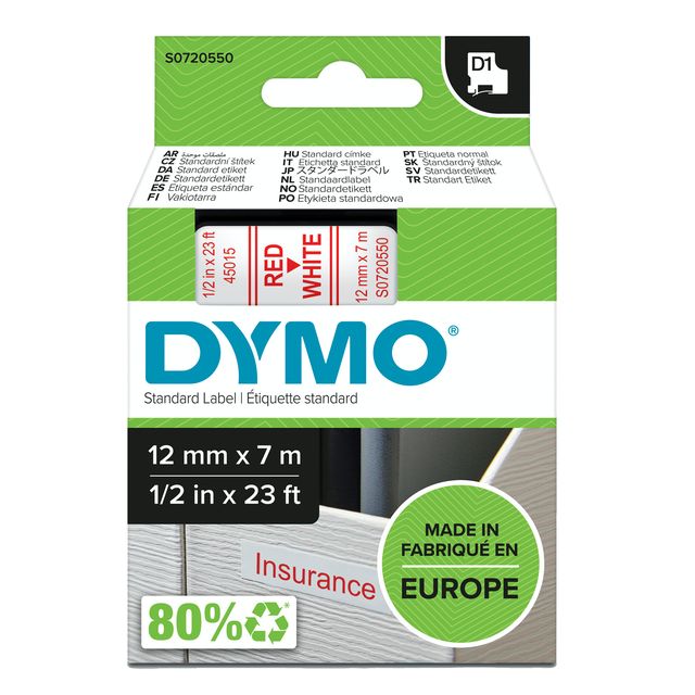 Nastro D1 standard 450150 - 12 mm x 7 mt - PL - rosso/bianco - Dymo