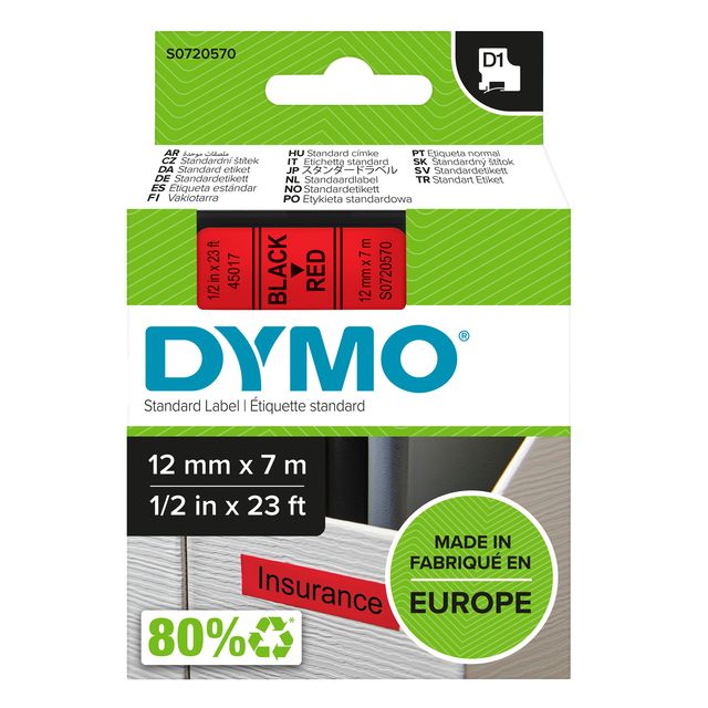 Nastro D1 standard 450170 - 12 mm x 7 mt - PL - nero/rosso - Dymo