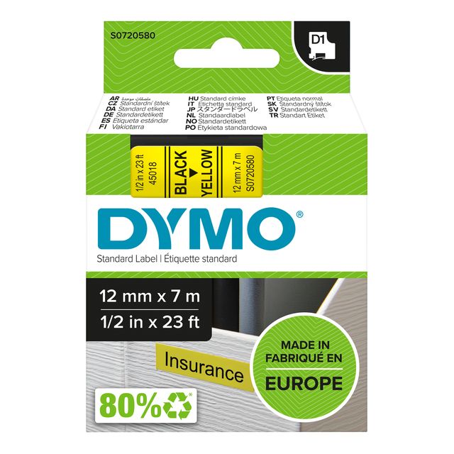 Nastro D1 standard 450180 - 12 mm x 7 mt - PL - nero/giallo - Dymo